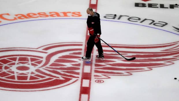 May 18, 2021, USA: Detroit Red Wings head coach Jeff Blashill on the ice for practice at Little Caesars Arena on Jan. 4, 2021.